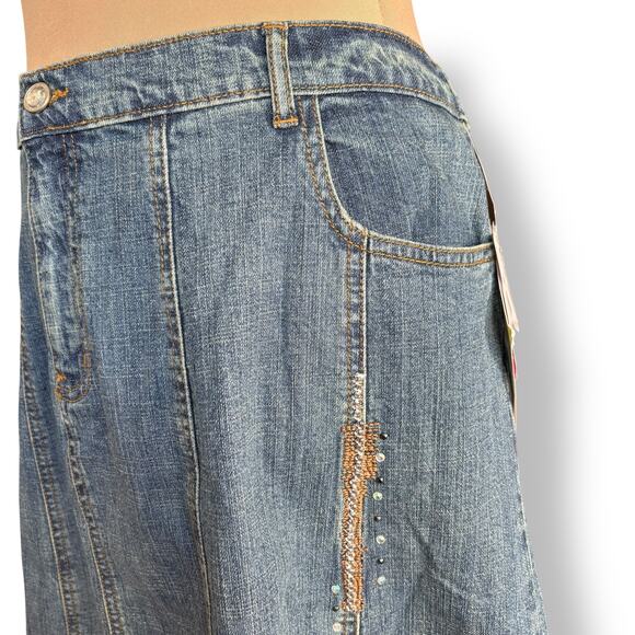 Deadstock Y2K Quacker Factory Embellished Denim Maxi Skirt Rhinestone Details - Picture 7 of 11